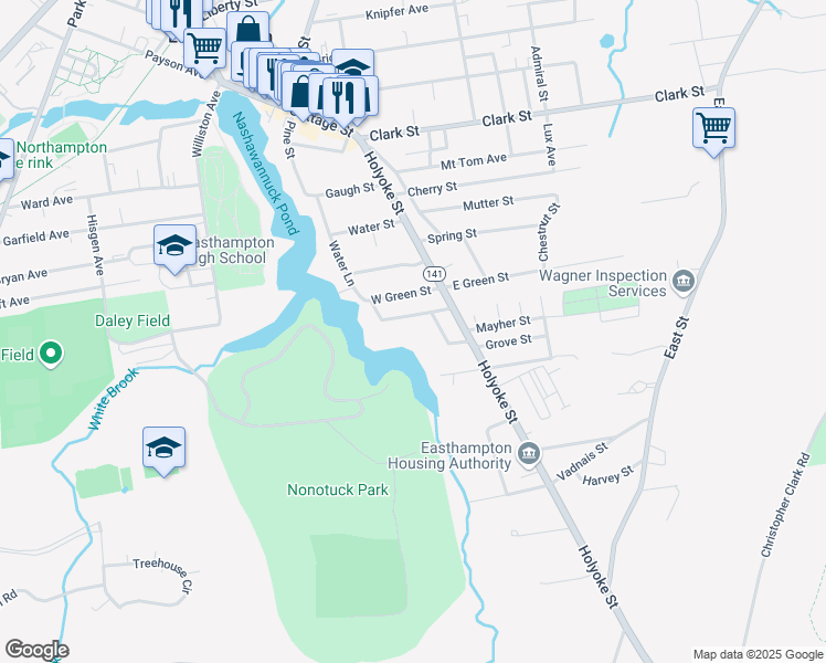 map of restaurants, bars, coffee shops, grocery stores, and more near 10-22 Nashawannuck Street in Easthampton