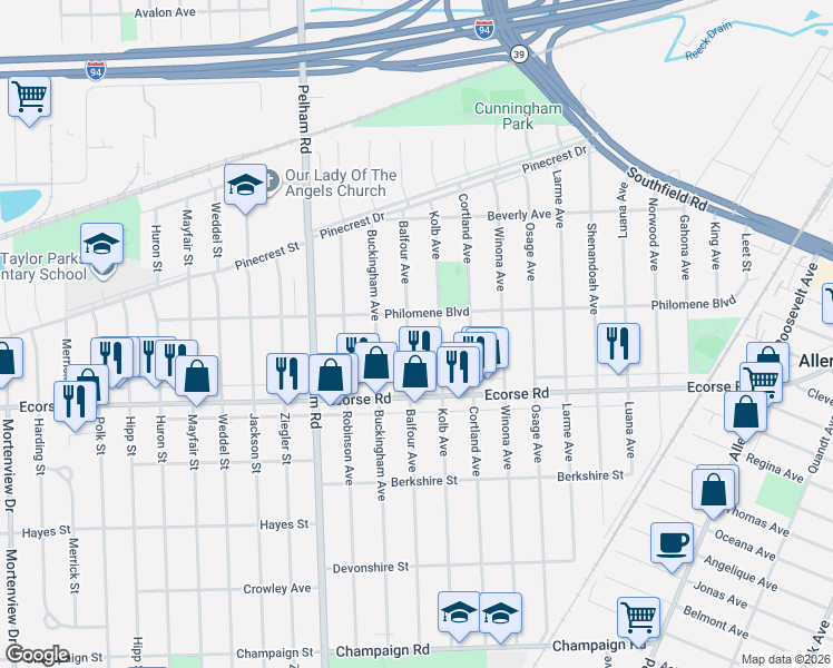 map of restaurants, bars, coffee shops, grocery stores, and more near 6763 Balfour Avenue in Allen Park