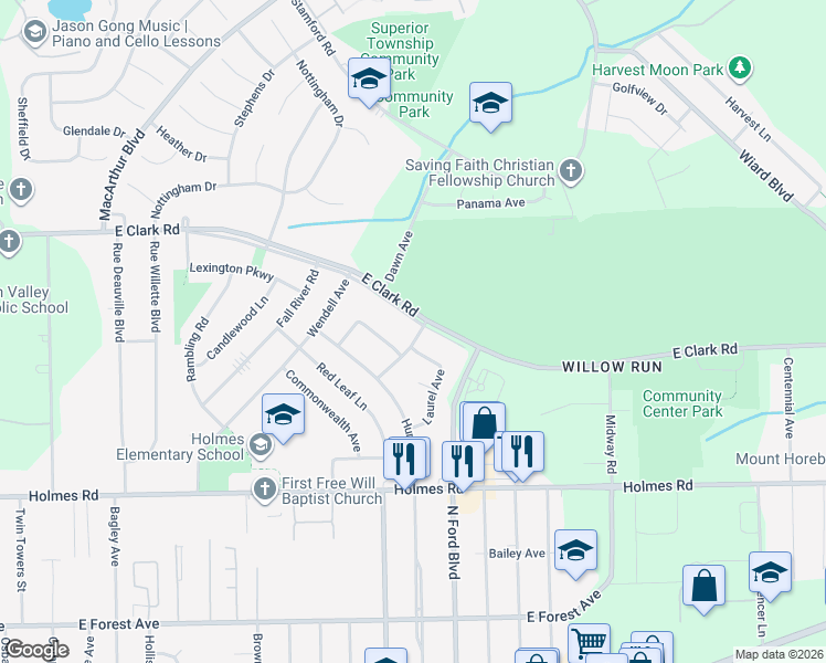 map of restaurants, bars, coffee shops, grocery stores, and more near 1512 Clark Srv Road in Ypsilanti