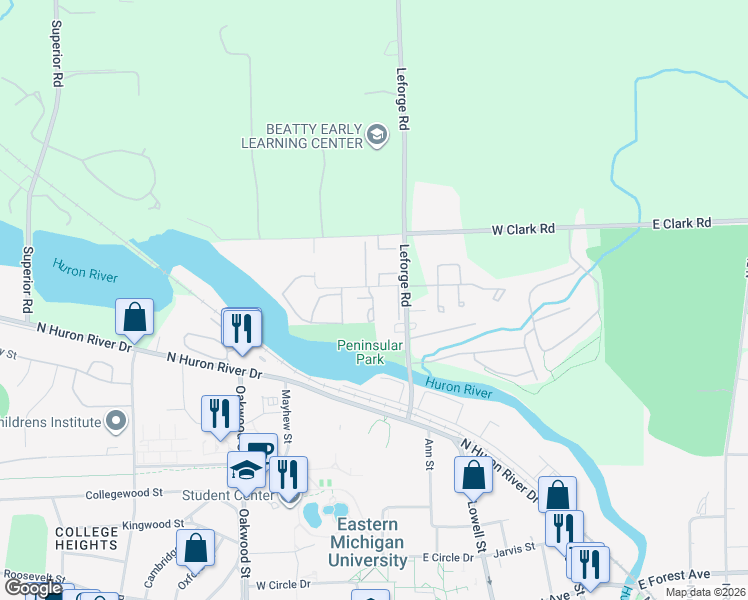 map of restaurants, bars, coffee shops, grocery stores, and more near 725 Green Road in Ypsilanti