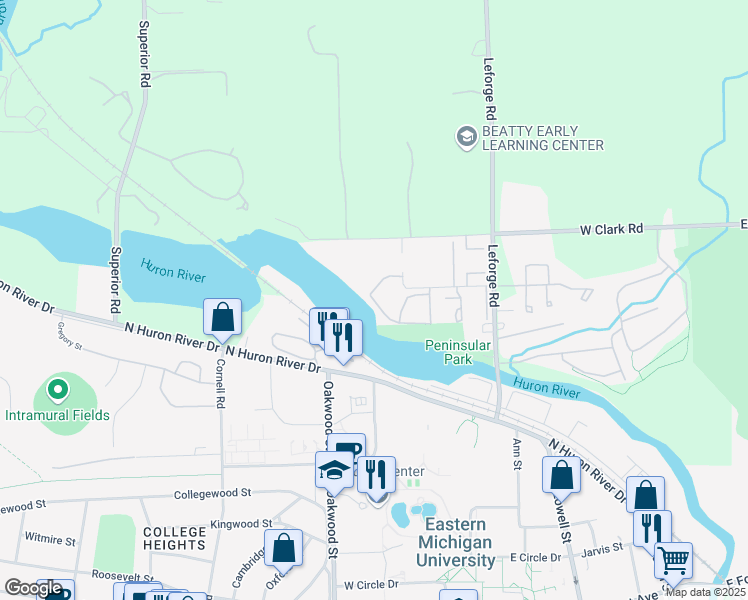 map of restaurants, bars, coffee shops, grocery stores, and more near 831 Green Rd in Ypsilanti