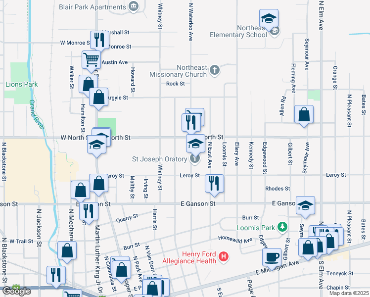 map of restaurants, bars, coffee shops, grocery stores, and more near 730 North Waterloo Street in Jackson