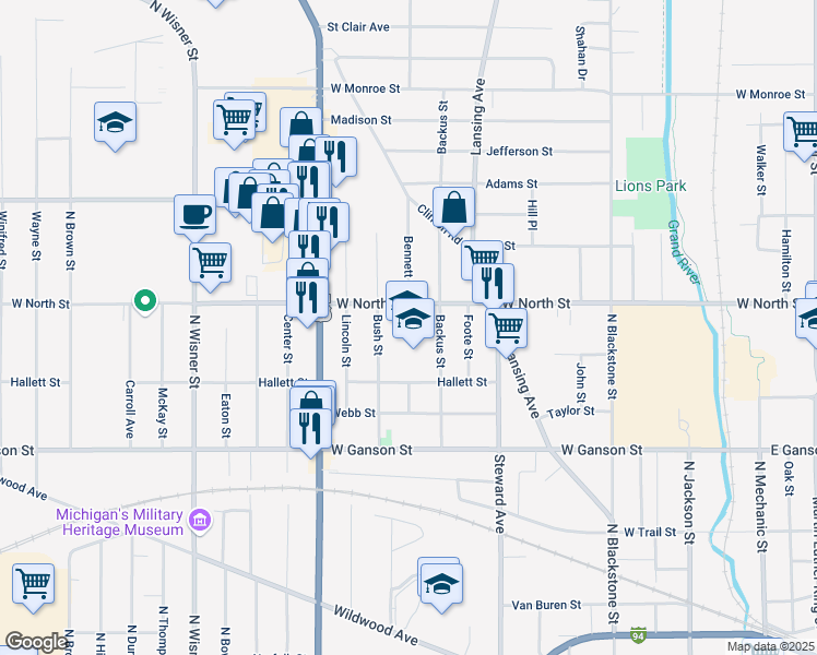 map of restaurants, bars, coffee shops, grocery stores, and more near 830 Bennett Street in Jackson