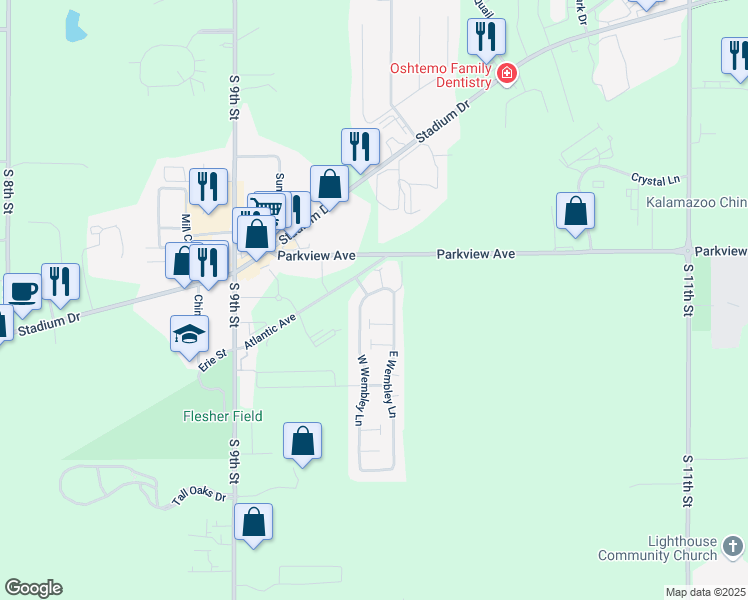 map of restaurants, bars, coffee shops, grocery stores, and more near 6255 West Wembley Lane in Kalamazoo