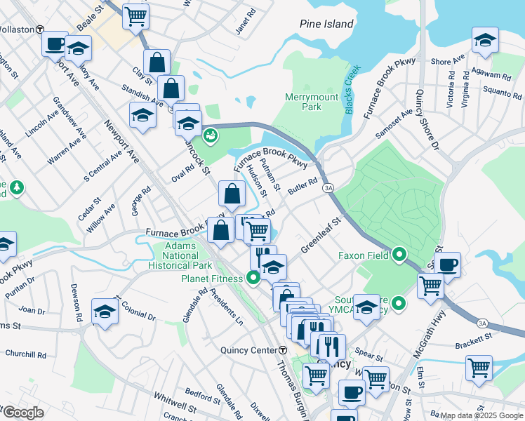 map of restaurants, bars, coffee shops, grocery stores, and more near 40 Butler Road in Quincy
