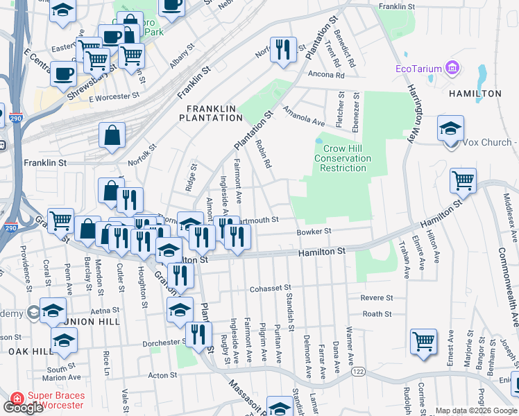 map of restaurants, bars, coffee shops, grocery stores, and more near 45 Dartmouth Street in Worcester