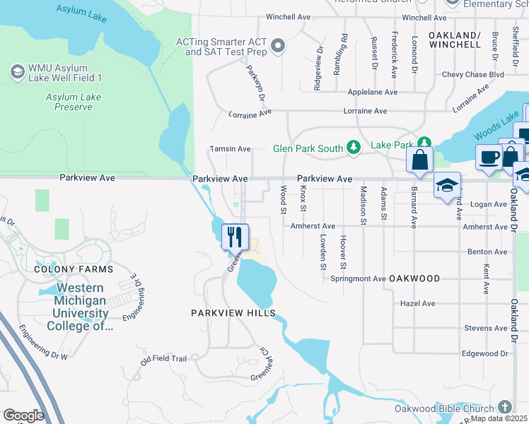 map of restaurants, bars, coffee shops, grocery stores, and more near 3411 Willow Lake Drive in Kalamazoo