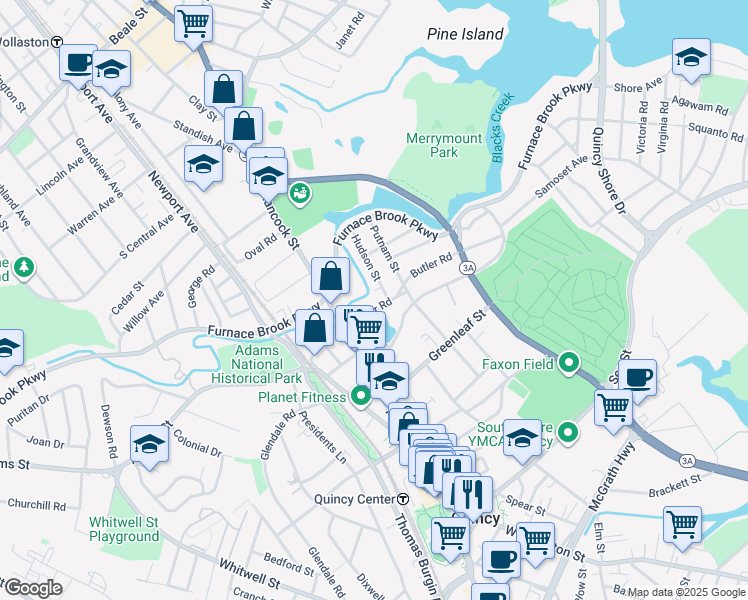 map of restaurants, bars, coffee shops, grocery stores, and more near 34 Butler Road in Quincy