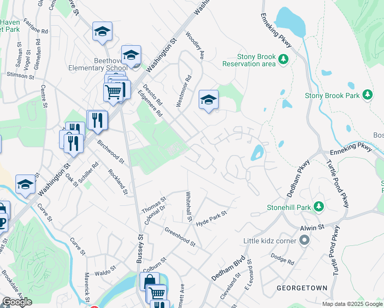 map of restaurants, bars, coffee shops, grocery stores, and more near 121 Edgemere Road in Boston