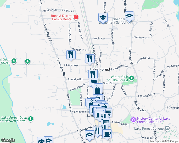 map of restaurants, bars, coffee shops, grocery stores, and more near 1034 North Western Avenue in Lake Forest