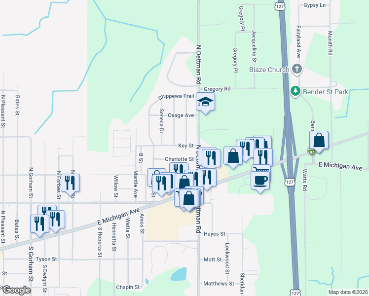 map of restaurants, bars, coffee shops, grocery stores, and more near 3018 Charlotte Street in Jackson
