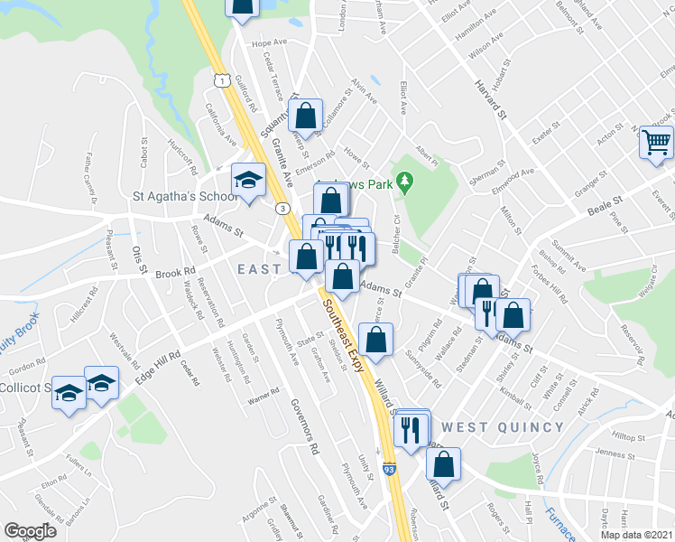 map of restaurants, bars, coffee shops, grocery stores, and more near 538 Adams Street in Milton