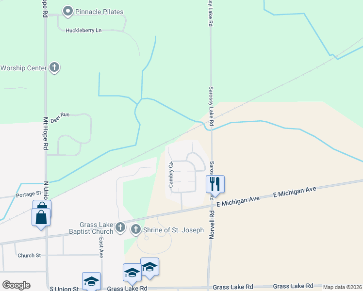 map of restaurants, bars, coffee shops, grocery stores, and more near 1677 Glenbro Court in Grass Lake