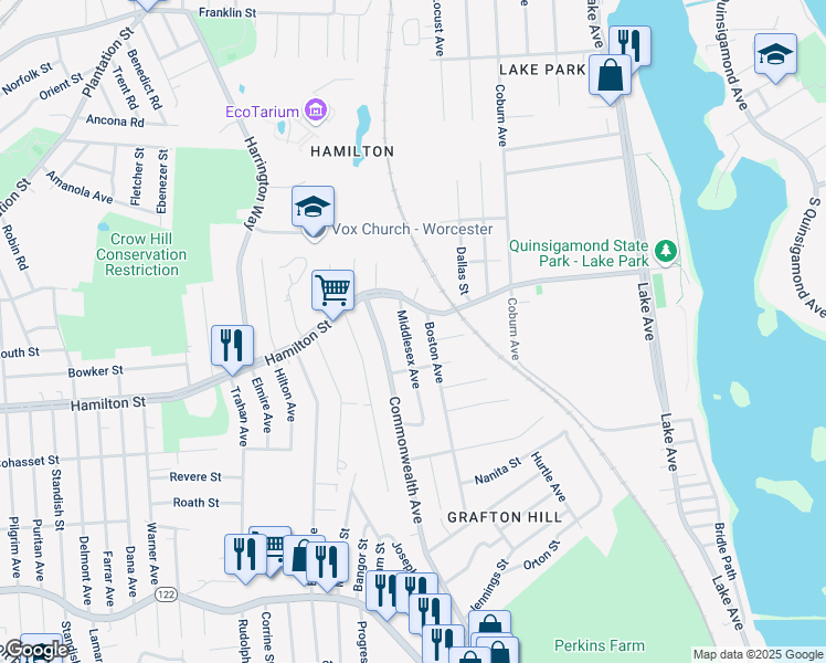 map of restaurants, bars, coffee shops, grocery stores, and more near 18 Middlesex Avenue in Worcester