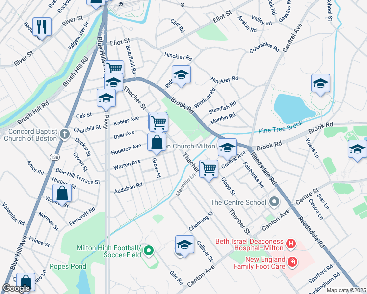 map of restaurants, bars, coffee shops, grocery stores, and more near 11 Lincoln Street in Milton
