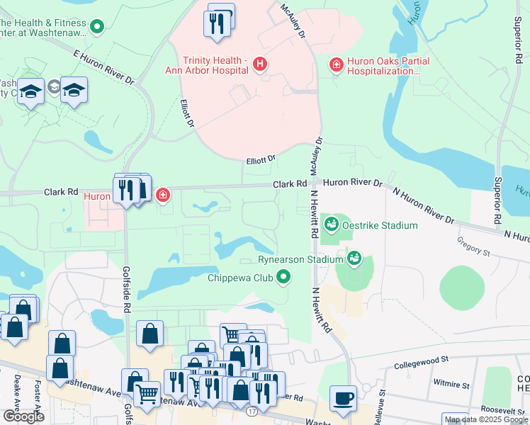 map of restaurants, bars, coffee shops, grocery stores, and more near 1450 Chestnut Drive in Ypsilanti
