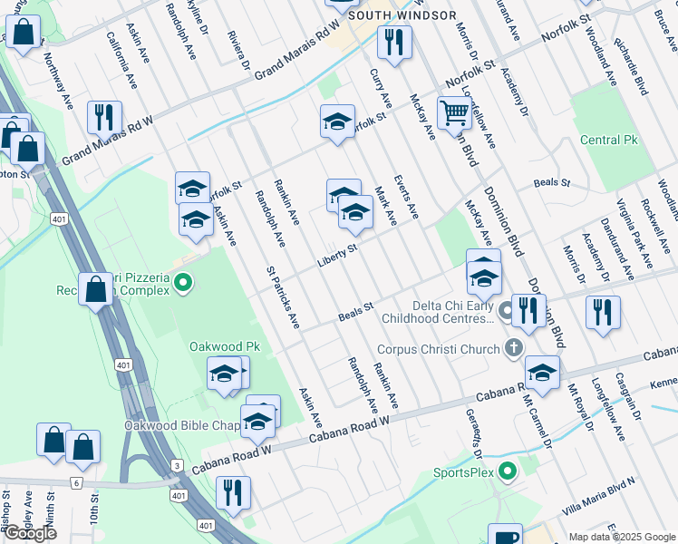 map of restaurants, bars, coffee shops, grocery stores, and more near 3456 Rankin Avenue in Windsor