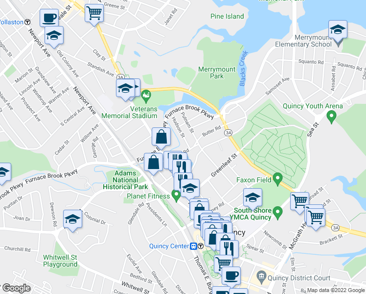 map of restaurants, bars, coffee shops, grocery stores, and more near 34 Butler Road in Quincy