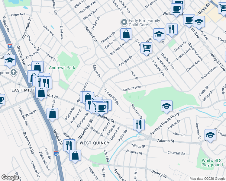 map of restaurants, bars, coffee shops, grocery stores, and more near 50 Hatherly Road in Quincy