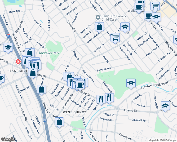 map of restaurants, bars, coffee shops, grocery stores, and more near 6 Hilda Street in Quincy