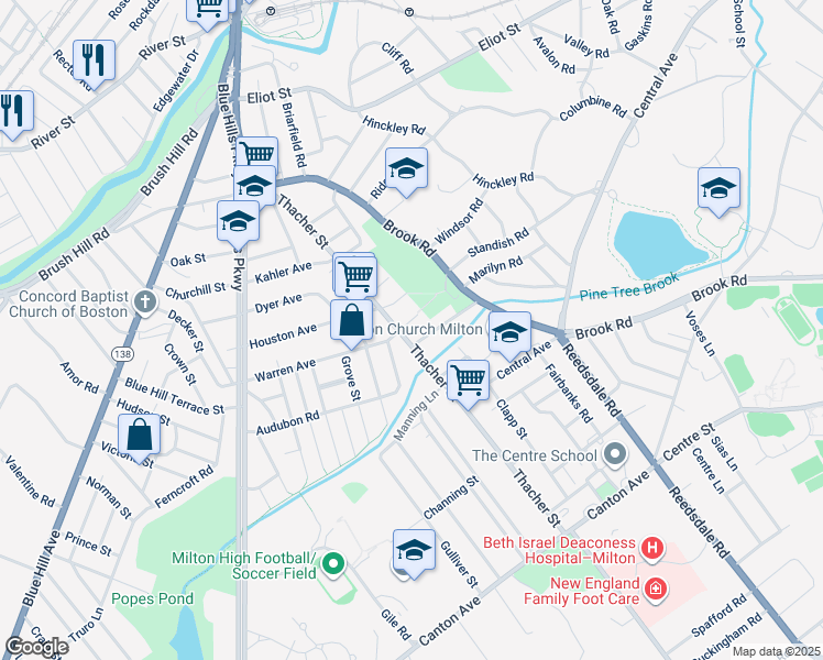map of restaurants, bars, coffee shops, grocery stores, and more near 11 Lincoln Street in Milton