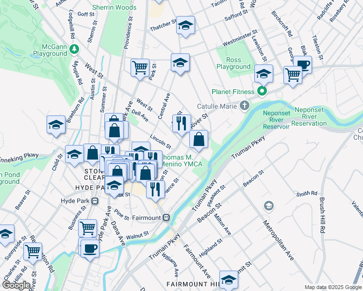map of restaurants, bars, coffee shops, grocery stores, and more near 1082 River Street in Boston
