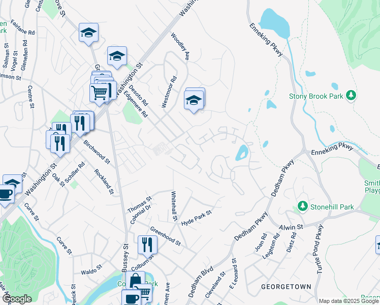 map of restaurants, bars, coffee shops, grocery stores, and more near 130 Edgemere Road in Boston