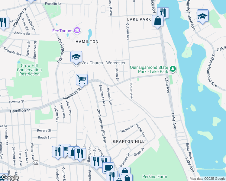 map of restaurants, bars, coffee shops, grocery stores, and more near 5 Elton Street in Worcester