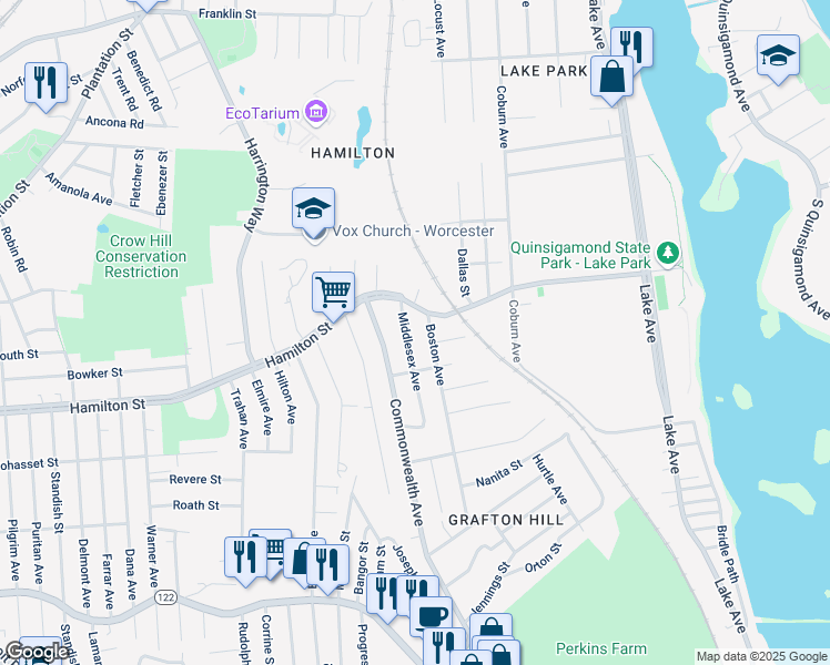 map of restaurants, bars, coffee shops, grocery stores, and more near 18 Middlesex Avenue in Worcester
