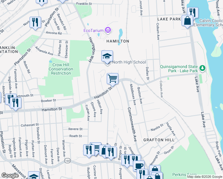 map of restaurants, bars, coffee shops, grocery stores, and more near 3 Anderson Avenue in Worcester