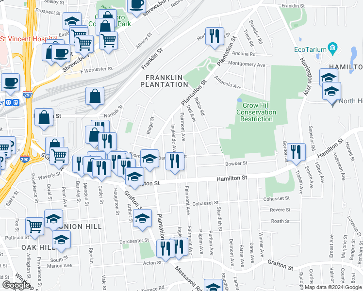 map of restaurants, bars, coffee shops, grocery stores, and more near 73 Fairmont Avenue in Worcester