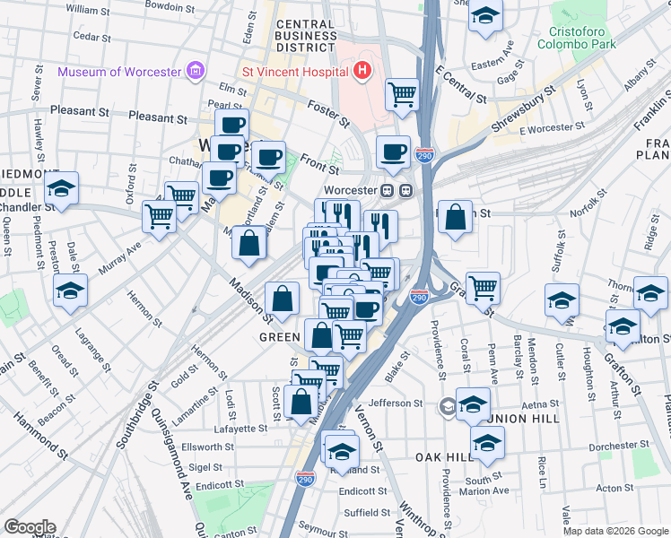 map of restaurants, bars, coffee shops, grocery stores, and more near 84 Green Street in Worcester