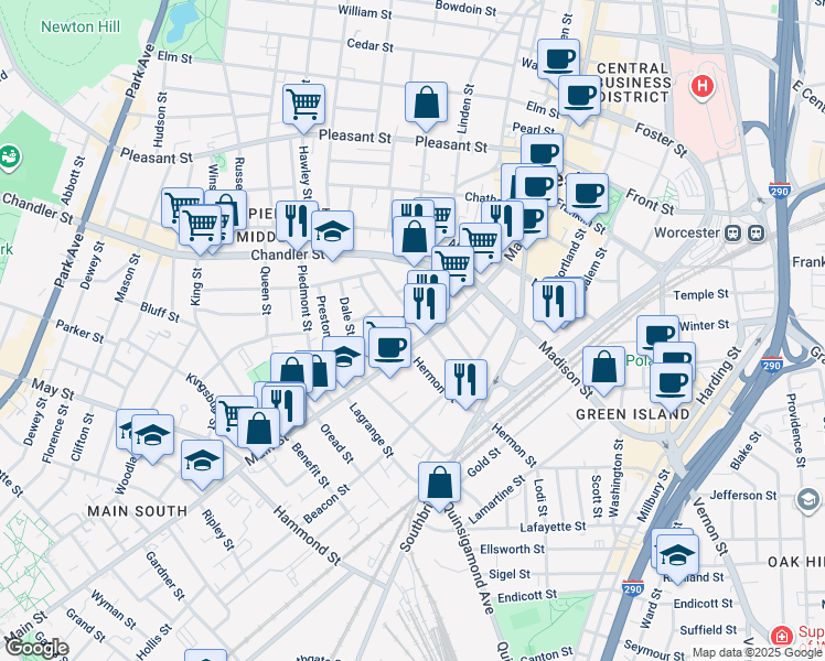 map of restaurants, bars, coffee shops, grocery stores, and more near 718 Main Street in Worcester