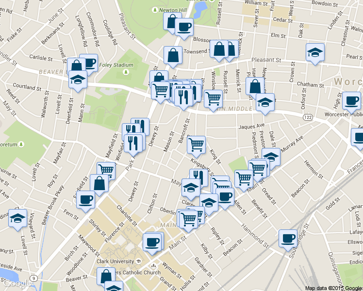map of restaurants, bars, coffee shops, grocery stores, and more near 46 Kingsbury Street in Worcester