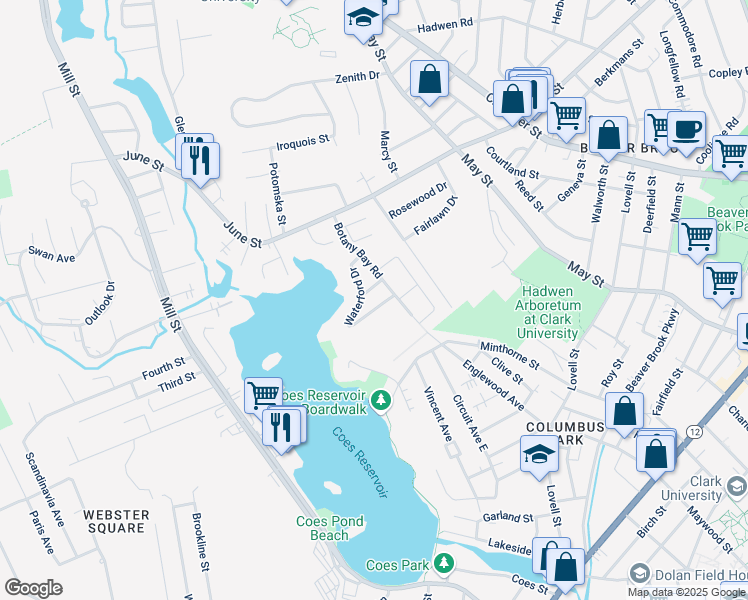 map of restaurants, bars, coffee shops, grocery stores, and more near 52 Waterford Drive in Worcester
