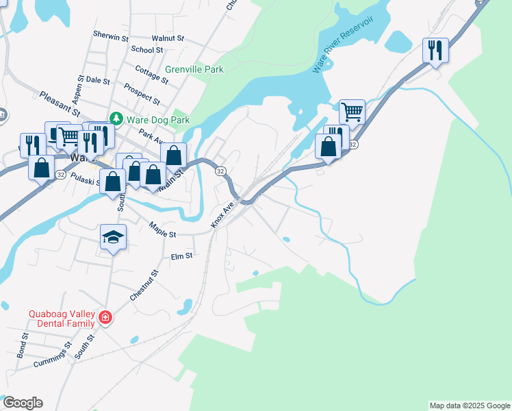map of restaurants, bars, coffee shops, grocery stores, and more near 18 Maple Avenue in Ware