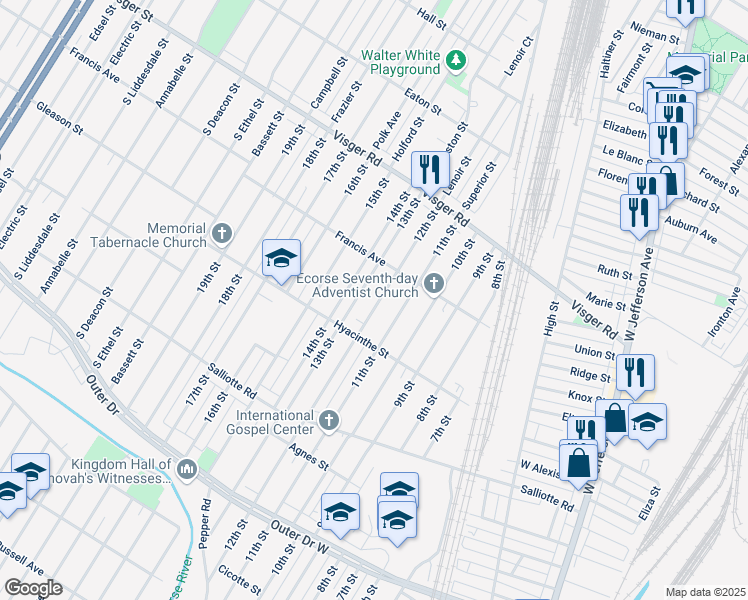 map of restaurants, bars, coffee shops, grocery stores, and more near 3845 12th Street in Ecorse
