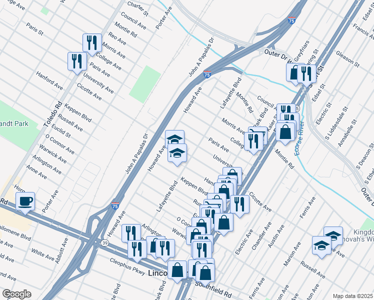 map of restaurants, bars, coffee shops, grocery stores, and more near 1486 Cicotte Avenue in Lincoln Park