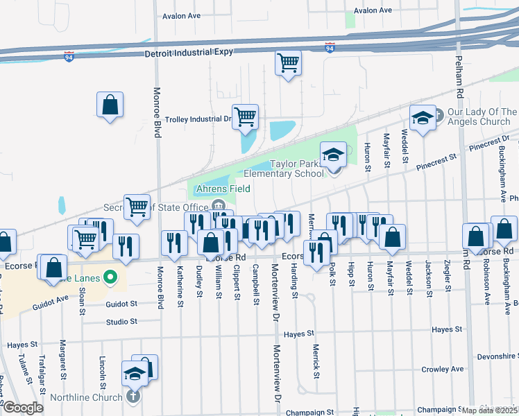 map of restaurants, bars, coffee shops, grocery stores, and more near 21154 Pinecrest Street in Taylor