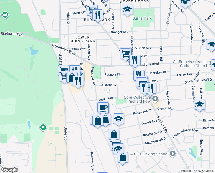 map of restaurants, bars, coffee shops, grocery stores, and more near 1310 Wisteria Drive in Ann Arbor
