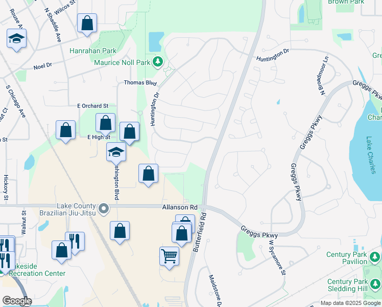 map of restaurants, bars, coffee shops, grocery stores, and more near 1186 Ballantrae Place in Mundelein