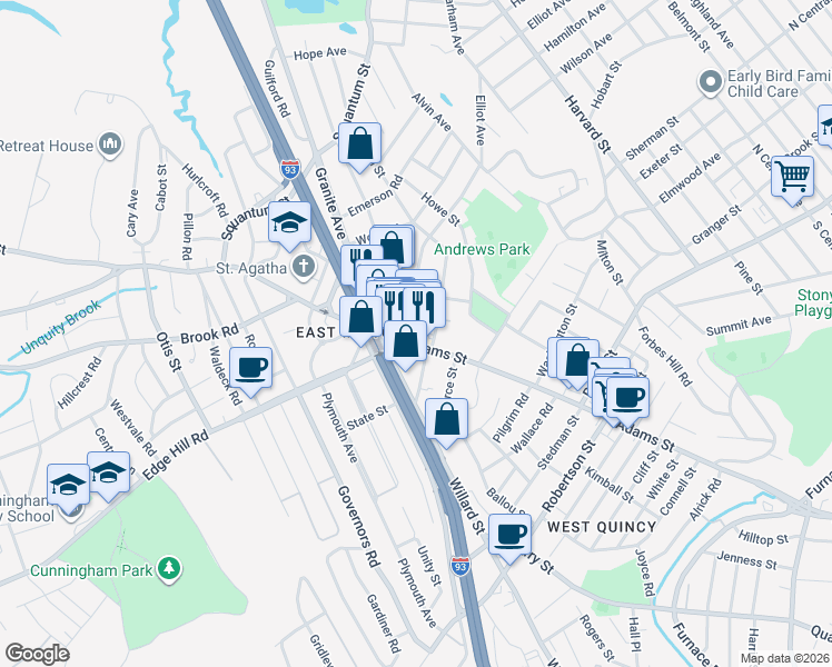 map of restaurants, bars, coffee shops, grocery stores, and more near 552 Adams Street in Milton