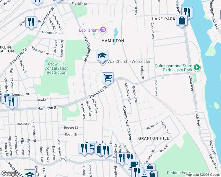 map of restaurants, bars, coffee shops, grocery stores, and more near 3 Anderson Avenue in Worcester