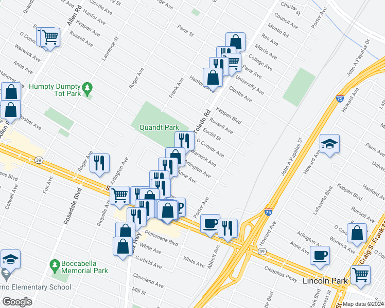 map of restaurants, bars, coffee shops, grocery stores, and more near 1925 Warwick Avenue in Lincoln Park