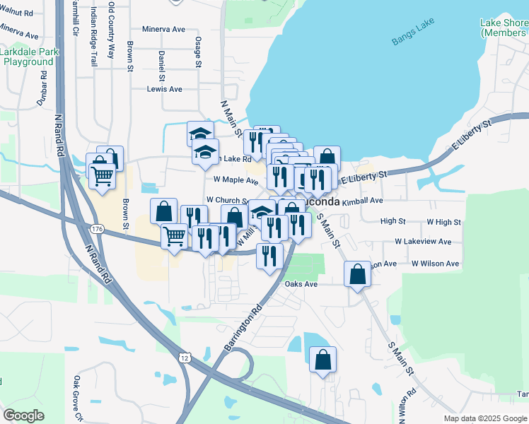 map of restaurants, bars, coffee shops, grocery stores, and more near 219 West Mill Street in Wauconda