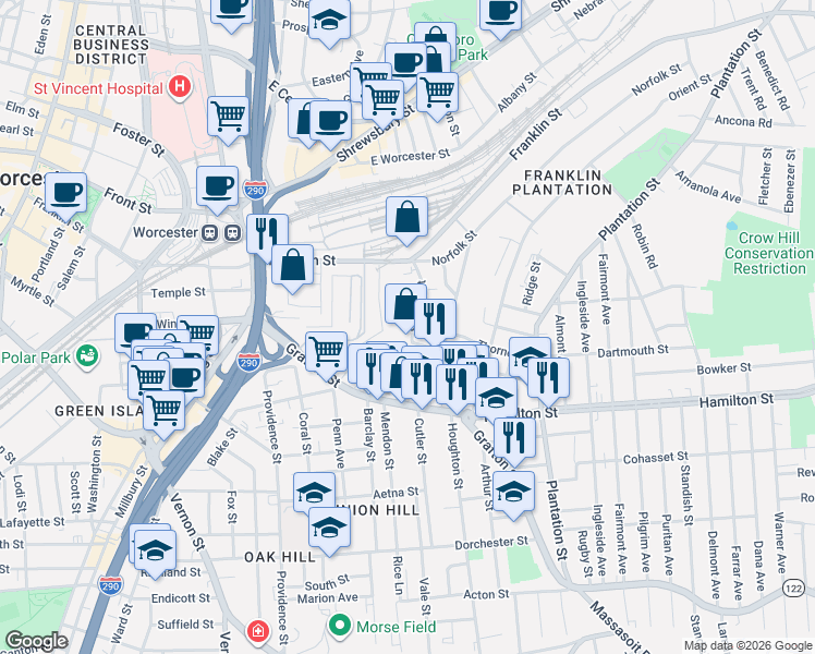 map of restaurants, bars, coffee shops, grocery stores, and more near 50 Suffolk Street in Worcester