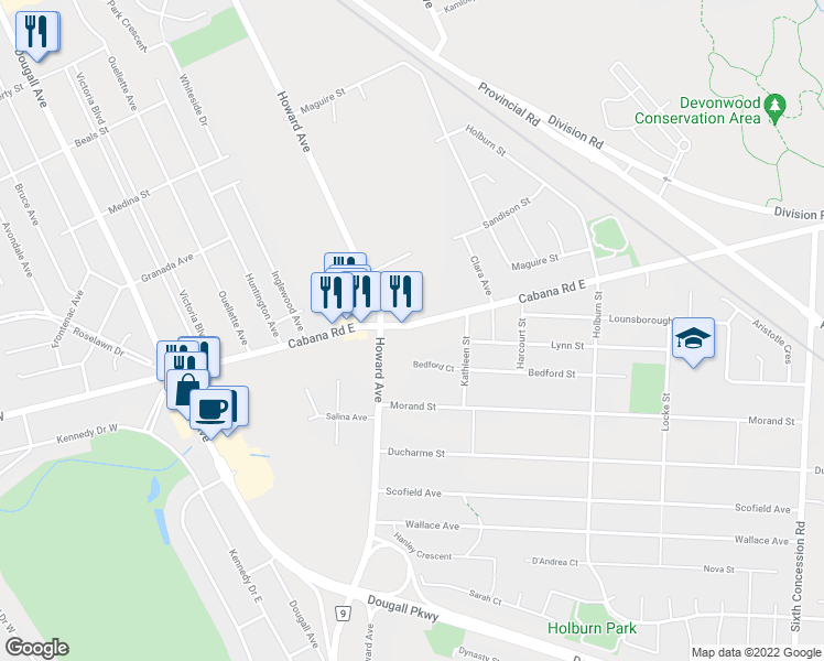 map of restaurants, bars, coffee shops, grocery stores, and more near 535 Cabana Road East in Windsor