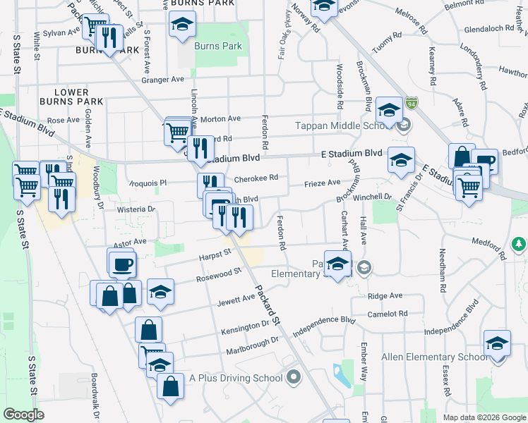 map of restaurants, bars, coffee shops, grocery stores, and more near 3016 Brockman Boulevard in Ann Arbor