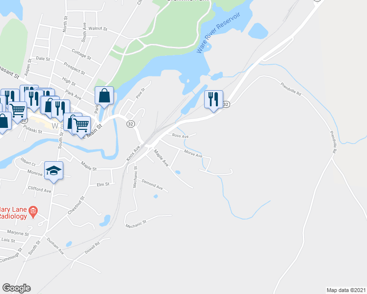 map of restaurants, bars, coffee shops, grocery stores, and more near 38 Morse Avenue in Ware
