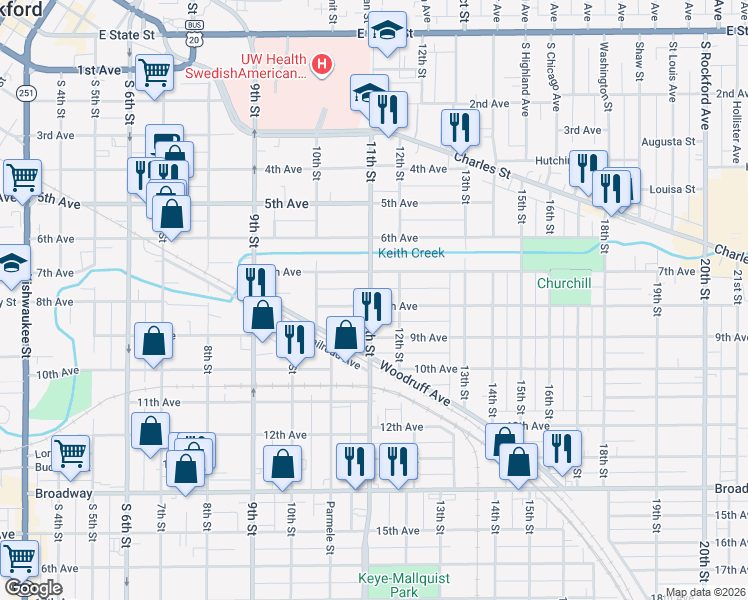 map of restaurants, bars, coffee shops, grocery stores, and more near 828 11th Street in Rockford